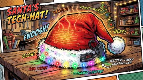 Red Santa hat with heating elements, colorful RGB LEDs, and a battery pack controller displaying 102°F