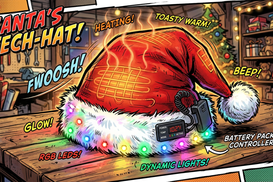 Red Santa hat with heating elements, colorful RGB LEDs, and a battery pack controller displaying 102°F